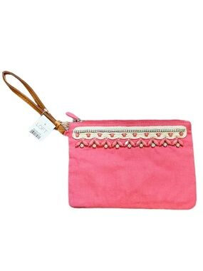 LOFT pink sparkle beaded cotton zip closure wristlet bag one size